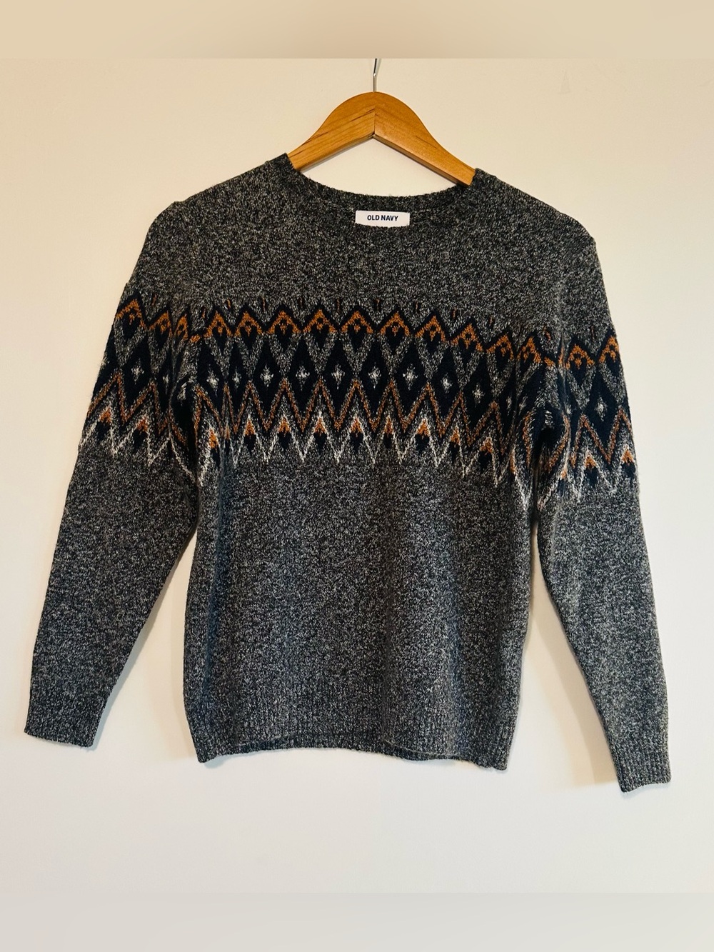 Old Navy Boy’s Charcoal Fair Isle Crewneck Sweater with Navy & Brown Pattern